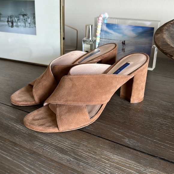 Stuart Weitzman sandal block heels suede brown/camel - Picture 1 of 4